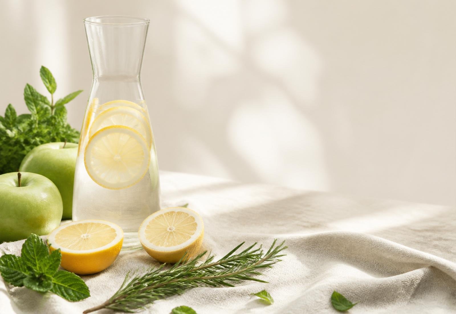 Água com limão, maçãs verdes e ervas frescas
